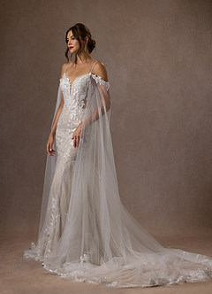 Azazie Leonie Wedding Dresses Diamond White Nude Mermaid V-Neck Sequins Tulle Dress image3