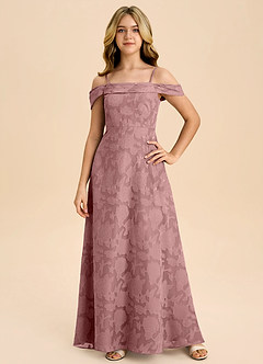 Azazie Anselie Junior A-Linie Schulterfrei Blumen-Burnout Kleid Altrosa image3
