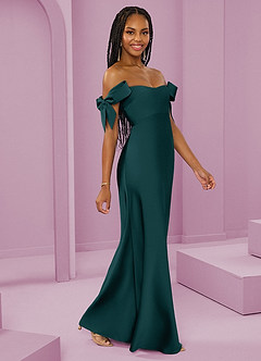 Barbie ♥ Azazie Jurken voor bruidsmeisjes Converteerbaar Jurk van Stretch Satijn met Kolom Off the Shoulder Pijnboom image1