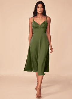 Azazie Dottie Robes de demoiselle d'honneur Robe Trapèze en Satin extensible Olive image1