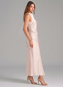 Azazie Evadne Bridesmaid Dresses Blushing Pink Sheath Pleated Stretch Satin Dress image4