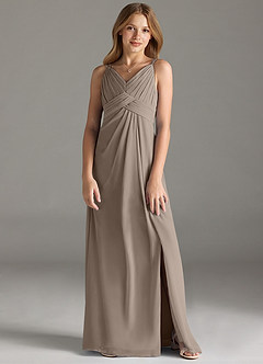 Azazie Maren Allure Junior Taupe A-Line Lace Chiffon Dress image1