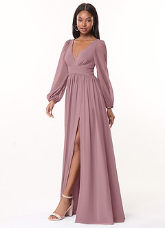Azazie Norah Bridesmaid Dresses Dusty Rose A-Line V-Neck Long Sleeve Chiffon Dress image4