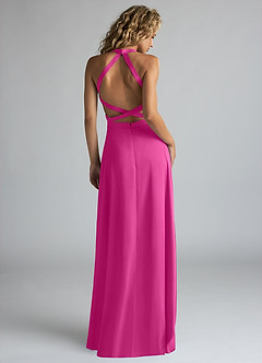 Azazie Clarice Bridesmaid Dresses Fuchsia A-Line High Neck Stretch Satin Dress image3
