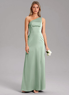 Azazie Feby Bridesmaid Dresses Agave A-Line One Shoulder Stretch Satin Dress image7