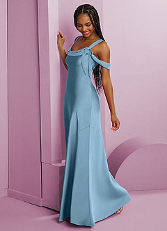 Barbie ♥ Azazie Vestidos de damas de honor Vestido de Azul Acero de Satén Elástico de Corte Recto con Plisado image4