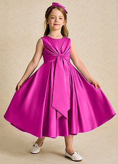 Azazie Lady Flower Girl Dresses Fuchsia A-Line Pleated Matte Satin Dress image3