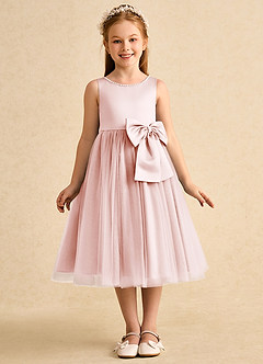 Azazie Twinsie Abiti da Ragazza di Fiori Abito A-Line in Tulle Fiocco Rosa Rossore image1