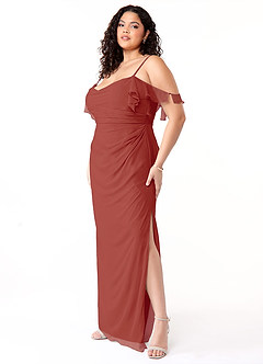 Azazie Emeralda Bridesmaid Dresses Terracotta Sheath Off the Shoulder Chiffon Dress image9