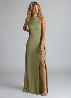 Azazie Clarice Bridesmaid Dresses Pistachio A-Line High Neck Stretch Satin Dress image5