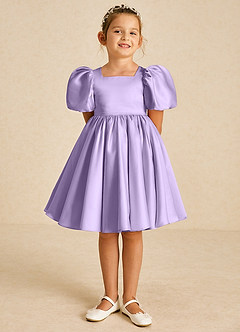 Azazie Muffin Flower Girl Dresses Lilac A-Line with Sleeves Matte Satin Dress image2