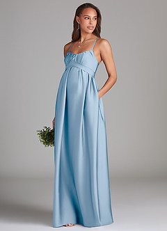 Azazie Llana Gravid brudtärna klänningar Klä A-Linje med fickor Golvlängd Stretch Satin image1