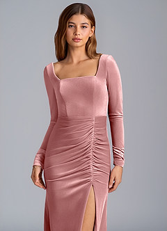 Azazie Addie Robes de demoiselle d'honneur Robe Fourreau en velours Manche longue Rose Poussiéreuse image2