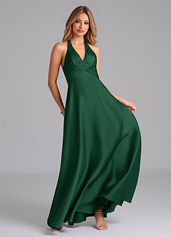 Azazie Tessie Abiti da Damigella Abito A-Line in Raso Elasticizzato Plissettato Verde Scuro image4