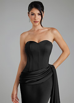 Azazie Draya At-home Try On Dresses Black Mermaid Strapless Stretch Satin Dress image8