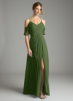 Azazie Dakota Bridesmaid Dresses Olive A-Line V-Neck Pleated Chiffon Dress image3