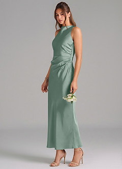 Azazie Evadne Vestidos de damas de honor Vestido de Salvia Plateada de Satén Elástico de Corte Recto con Plisado image1