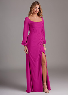 Azazie Charissa Robes de demoiselle d'honneur Robe Fourreau en Mousseline de soie Manche longue Fuchsia image5