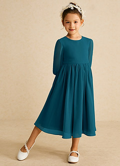 Azazie Lolo Robe Demoiselle D'honneur Fillette Robe Trapèze en Mousseline de soie avec manches Bleu Encre image2