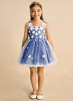 Azazie Teacup Flower Girl Dresses Ivory Royal Blue Ball-Gown Lace Tulle Dress image4