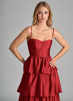 Azazie Faye Bridesmaid Dresses Pomegranate A-Line Ruched Stretch Satin Dress image2
