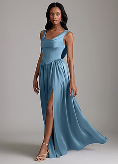Azazie Novi Vestidos de madrinha de casamento Vestido Aço Azul de Cetim elástico de Linha A com com bolsos image6