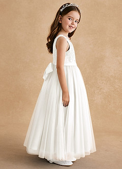 Azazie Cinna Flower Girl Dresses Ivory A-Line Lace Tulle Dress image4
