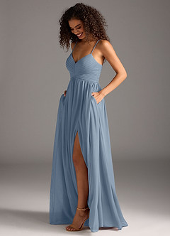 Azazie Alia Final Sale Dusty Blue A-Line Pleated Mesh Dress image5