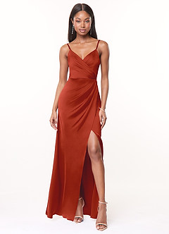 Azazie Maci Brautjungfernkleider A-Linie V-Hals Gefaltet Stretch-Satin Kleid Rost image1