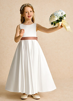 Azazie Cherry Flower Girl Dresses Ivory Bronzer Ball-Gown Pleated Matte Satin Dress image2