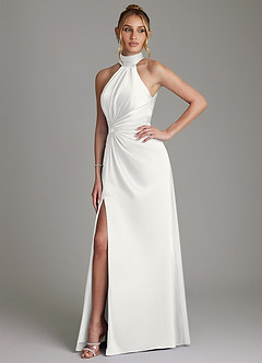 Azazie Gracelynn Vestidos de damas de honor Vestido de Blanco de Satén Elástico de Corte Recto con Plisado image6