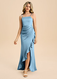 Azazie Buzzy Junior Steel Blue Sheath Pleated Stretch Satin Dress image5