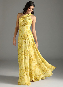 Azazie Charlize Vestidos de madrinha de casamento Vestido Sorvete De Limão Floresce Floral de Chiffon de Linha A com Ombro Único image1