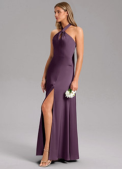 Azazie Tracie Bridesmaid Dresses Plum A-Line Side Slit Stretch Satin Dress image6