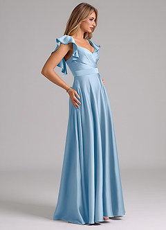 Azazie Leilani Bridesmaid Dresses Powder Blue A-Line Ruched Stretch Satin Dress image6