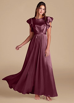 Azazie Daphne Modest Bridesmaid Dresses A-Line Ruched Metallic Satin Floor-Length Dress image1
