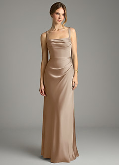 Azazie Alouette Bridesmaid Dresses Taupe Mermaid Pleated Stretch Satin Dress image3