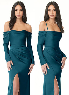 Azazie Hallie Vestidos de damas de honor Vestido de Azul Tinta de Satén Elástico de Corte Recto Convertible con Manga larga con hombros descubiertos image8