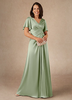 Azazie Emmeline Mother of the Bride Dresses Dusty Sage A-Line Pleated Stretch Satin Dress image1