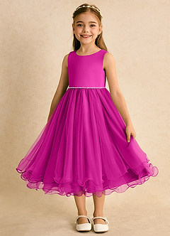 Azazie Lass vestidos de niña de las flores Vestido de Fucsia de Tul de Corte En A con Lazo image5