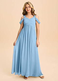 Azazie Lianne Junior Steel Blue A-Line Off the Shoulder Chiffon Dress image2