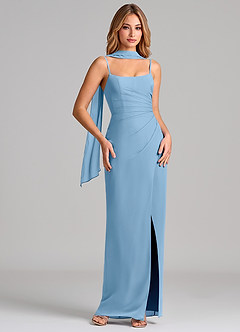 Azazie Calandra Bridesmaid Dresses Steel Blue Sheath Pleated Chiffon Dress image1