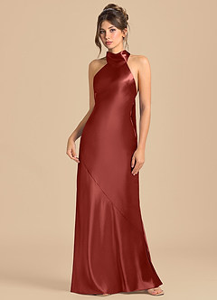 Azazie Velli 신부 들러리 드레스 쉬스 하이넥 메탈릭 새틴 바닥 길이 드레스 image3