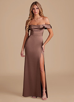 Azazie Saige Bridesmaid Dresses Espresso A-Line Off the Shoulder Metallic Satin Convertible Dress image5
