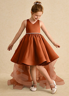 Azazie Julietta Flower Girl Dresses Burnt Orange Ball-Gown Convertible Tulle Dress image5