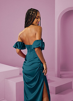 Barbie ♥ Azazie Jurken voor bruidsmeisjes Converteerbaar Jurk van Stretch Satijn met Kolom Off the Shoulder Inkt Blauw image8