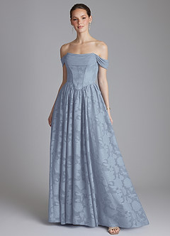 Azazie Raisa At-home Try On Dresses Dusty Blue A-Line Off the Shoulder Floral Burnout Dress image1