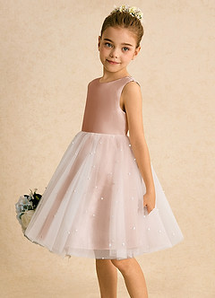 Azazie Esme Flower Girl Dresses Champagne Rose Ball-Gown Bow Tulle Dress image4