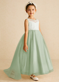 Azazie Tay Robe Demoiselle D'honneur Fillette Robe Trapèze en Tulle Paillettes Vert Sauge image3