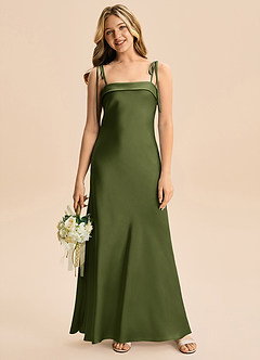 Azazie Willa Junior Olive A-Line Bow Stretch Satin Dress image4